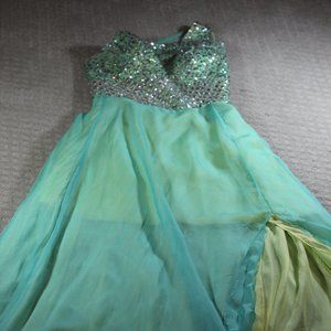 Gorgeous Full Length Formal Dress with Beaded Bodice and Layered Sheer Skirt